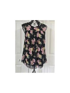 Bobbie Brooks Womens Small Black Floral Mesh Sleeveless Blouse Pink Yellow Roses